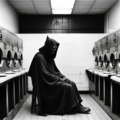 Prompt: Style of Dorothea Lange and Norman Rockwell.
Setting laundromat. Liminal space.
Dark Lord Sauron is sitting in a plastic chair waiting for his laundry.
He wears a cowl over his head and neck. He also wears a loincloth.  He has his detailed black leather medieval boots on. He is otherwise bare and unclothed.  He appears to be somewhat fit but a little pudgy around the gut.   His face is shadowed and dark.