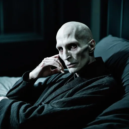 Prompt: Dark lord sauronvoldemort laying on his bed exhausted after a long work week.  Liminal faded photo.