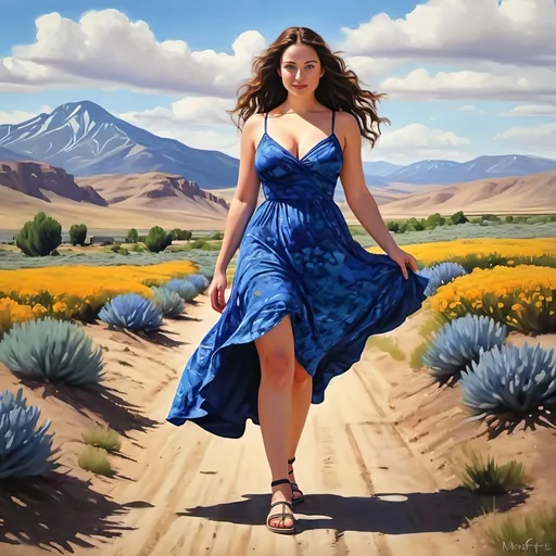 Prompt: Bare scottish Woman beautiful walking in a landscape. Age 38. Super bright and colorful. Head to toe. Thin lips. Narrow nose. Full body image. fusion of the art styles of  Mona Lisa, Georgia O'Keeffe, Venus,
Sandals,  "strikingly beautiful dress." Plus. Full. Healthy. Subtleeroticism, "Utah high desert" tooele. Size. Photorealistic. Love. Desire. Drama. Walking away.
