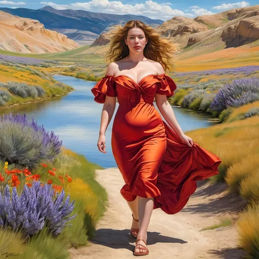 Prompt: Bare scottish Woman beautiful walking in a landscape. Size 18. Age 39. Super bright and colorful. Head to toe. Thin lips. Narrow nose. Full body image. "Symmetrical face". fusion of the art styles of  Peter Paul Rubens, Georgia O'Keeffe, Venus, thesexual
Sandals,  "strikingly beautiful dress." Plus. Full. Healthy. Subtleeroticism, "Utah high desert" tooele. Size. Photorealistic. Love. Desire. Drama. Walking away. Plus. Fullhips.
