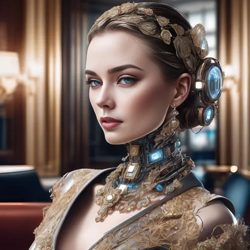 Prompt: highly detailed digital portrait of a robot woman, elegant accessories, holding a magazine, grand hotel lobby, professional digital art, luxurious atmosphere, detailed facial features, ornate jewelry, sophisticated attire, rich color tones, glamorous lighting, best quality, ultra-detailed, digital portrait, elegant, luxurious, detailed facial features, ornate accessories, sophisticated, rich color tones, glamorous lighting