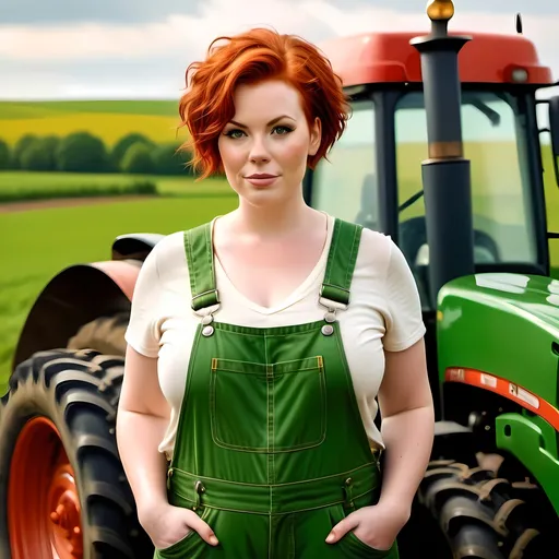 Prompt: Beautiful farm woman in overalls, plus size, short red hair, age 30, posing with green tractor, Polish and Scottish American, rural setting, warm natural lighting, photorealistic, detailed features, countryside landscape, high quality, traditional style, warm tones, natural beauty, raw, unclothed