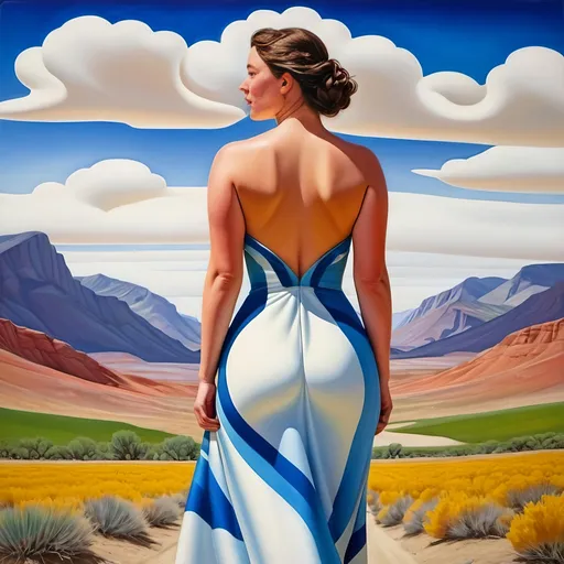 Prompt: Bare scottish Woman beautiful walking in a landscape. Size 18. Age 39. Super bright and colorful. Head to toe. Thin lips. Narrow nose. Full body image. "Symmetrical face". fusion of the art styles of  Divinci, Georgia O'Keeffe, Venus, thesexual
Sandals,  "strikingly beautiful dress." Plus. Full. Healthy. Subtleeroticism, "Utah high desert" tooele. Size. Photorealistic. Love. Desire. Drama. Walking away. Plus. Fullhips.
