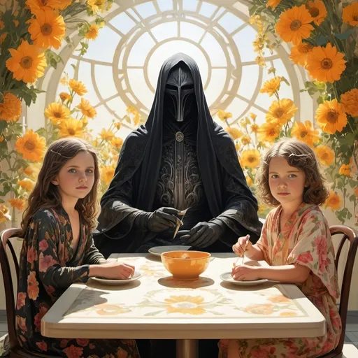 Prompt: Nazgul in floral robes. Surreal. Sunny. Bright. Warm.  Seated at a table.  Woman and 2 children also seated at table. Art Deco. 