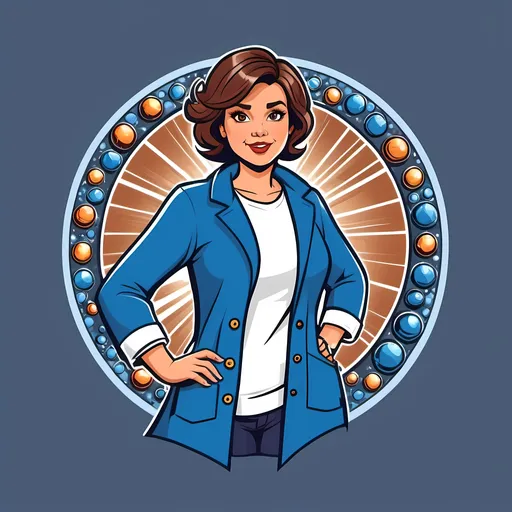 Prompt: Stylized cartoon woman on a T-shirt image, vector flat logo, simple lines, cute cartoon illustration, pixiecut short brown hair, brown eyes, narrow nose, Scottish heritage, round face, wears a blue lab coat with flair, shiny rocks, mom of 4, medical laboratory science.  Stressed and Half crazy.  Marvel graphic T-shirt beautiful. Plus size.