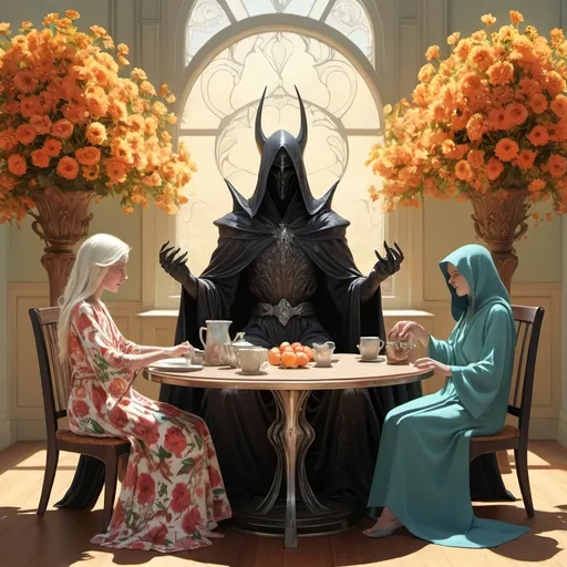Prompt: Nazgul witchking in floral robes. Surreal. Sunny. Bright. Warm.  Seated at a table.  Woman and 2 children also seated at table. Art Deco. 