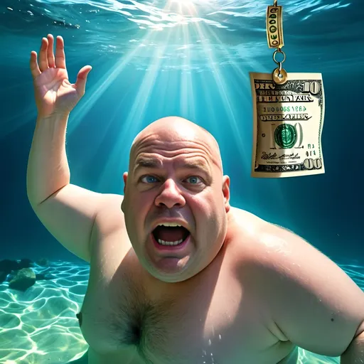 Prompt: Parody of Nevermind album cover with overweight middle-aged man, underwater setting, swimming for a dollar, good morning text, high quality, detailed, parody, underwater, humorous, middle-aged, swimming, dollar, text, professional, detailed, vibrant colors, playful lighting , "Good Morning", clean shaven, freckled, bald head, pot gut, German & Polish, looks like the Nirvana Album Cover