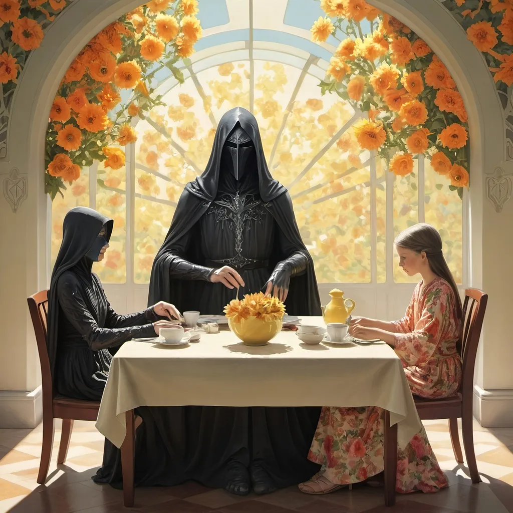 Prompt: Nazgul in floral robes. Surreal. Sunny. Bright. Warm.  Seated at a table.  Woman and 2 children also seated at table. Art Deco. 