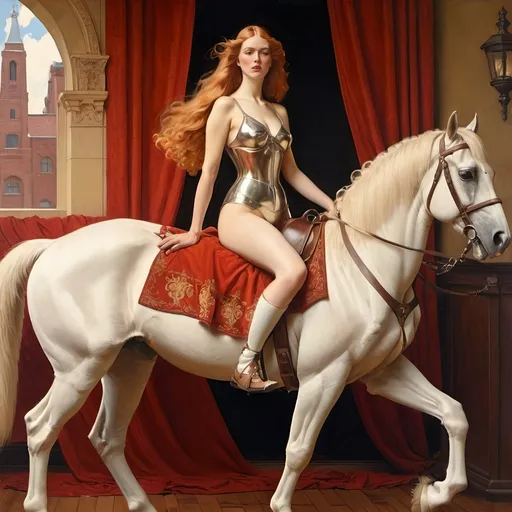 Prompt: Fusion painting of Lady Godiva by JOHN MALER COLLIER and a famous magazine cover by Norman Rockwell, oil painting, detailed figures and expressions, high realism, classic and vintage styles, rich and warm color tones, soft and natural lighting, intricate details, historical beauty, iconic characters, artistic masterpiece, oil painting, classic art, high realism, vintage style, warm color tones, detailed expressions, intricate details, historical beauty, iconic characters