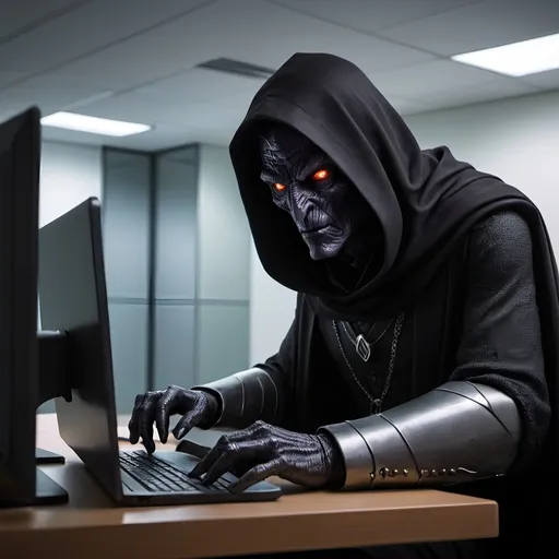 Prompt: VoldemortSauron is checking his email box. Liminal office space. Cubical.  Cowl. Hidden face glowing eyes.