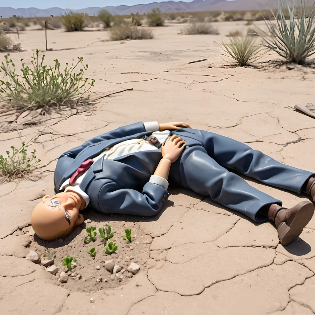 Prompt: A Ken doll lays face down in the dry high desert dirt of the back yard.  Abandoned.  Weeds are sprouting in the ground around him.  Bleak, hopeless, dismal, dark, useless, lonely, worthless, unneeded, superfluous. 