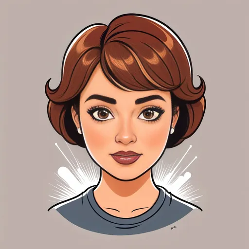 Prompt: Stylized cartoon woman on a T-shirt image, vector flat logo, simple lines, cute cartoon illustration, pixiecut short brown hair, brown eyes, narrow nose, Scottish heritage, round face, shiny rocks, mom of 4, medical laboratory science.  Stressed and Half crazy.  Marvel graphic T-shirt beautiful. Plus size.