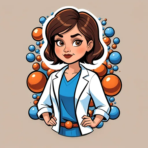 Prompt: Stylized cartoon woman on a T-shirt image, vector flat logo, simple lines, cute cartoon illustration, pixiecut short brown hair, brown eyes, narrow nose, Scottish heritage, round face, wears a blue lab coat with flair, shiny rocks, mom of 4, medical laboratory science.  Stressed and Half crazy.  Marvel graphic T-shirt beautiful. Plus size.