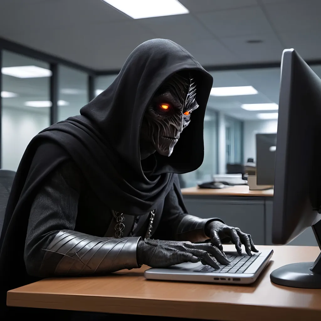 Prompt: VoldemortSauron is checking his email box. Liminal office space. Cubical.  Cowl. Hidden face glowing eyes.