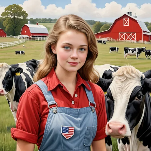 Prompt: Round shaped Dairy Farm Logo. a Polish-American young woman of 17 years old.  She has hazel eyes with light brown hair. She wears bib overalls with a red button down shirt and a white t-shiry. She is with a 1950s redtractor and a black and white Holstein cow with big beautiful eyes. Hay field. a minnesota flag in the background and a farm scene, Bessie Wheeler,  realism, high detail illustration, a character portrait.  Redtractor tractor Holsteincow. Holsteincow