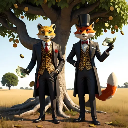 Prompt: Two dishonest carachters {{character1: An anthropomorphic leopard 🐆 who is a conman dressed in worn and torn gentleman's clothes}} and {{character2: an anthropomorphic redfox 🦊 also dressed in worn and torn gentleman's clothing}}. The two characters are selling a beautiful ripe moneytree. Money grows on the tree. Ripe with golden coins.  CGI cinematic hyper-realistic.  Outside in a field. Golden hour. 1800s. We can see a lot of the tree and the money growing on it. Top hats. Earsvisible 
