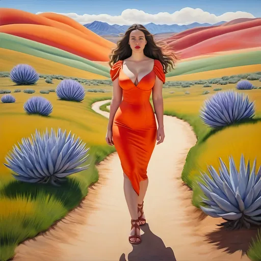 Prompt: Bare scottish Woman beautiful walking in a landscape. Size 18. Age 39. Super bright and colorful. Head to toe. Thin lips. Narrow nose. Full body image. "Symmetrical face". fusion of the art styles of  Divinci, Georgia O'Keeffe, Venus, thesexual
Sandals,  "strikingly beautiful dress." Plus. Full. Healthy. Subtleeroticism, "Utah high desert" tooele. Size. Photorealistic. Love. Desire. Drama. Walking away. Plus. Fullhips.
