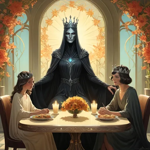 Prompt: Nazgul with crown.  floral. robes. Surreal. Sunny. Bright. Warm.  Seated at a table.  Bright glowing Woman and 2 bright glowning children. Cheery. seated at table. Art Deco. 