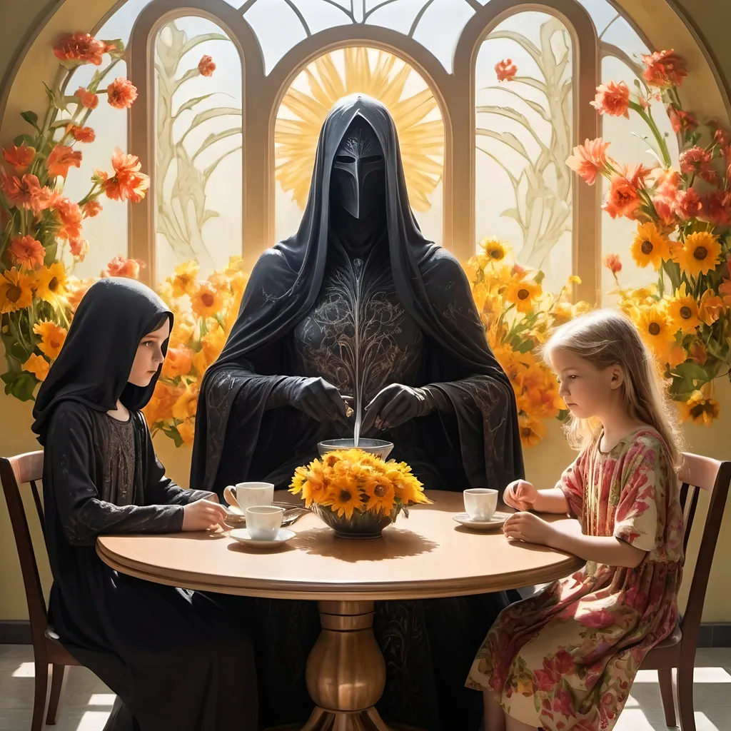 Prompt: Nazgul in floral robes. Surreal. Sunny. Bright. Warm.  Seated at a table.  Woman and 2 children also seated at table. Art Deco. 