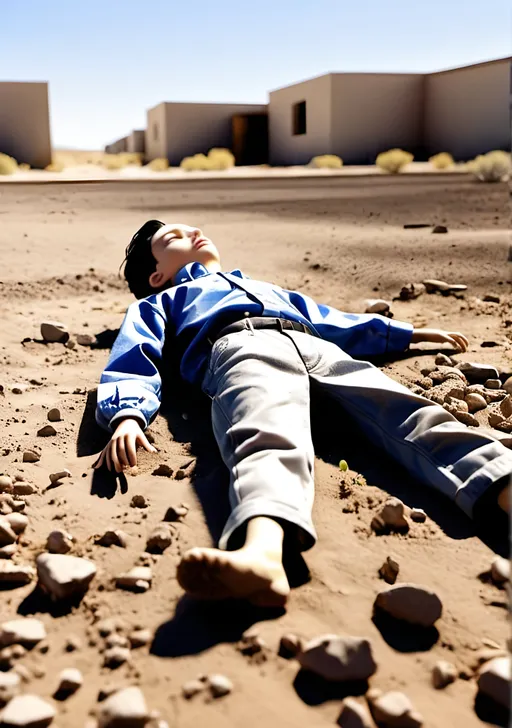 Prompt: A Ken doll lays in the dry high desert dirt of the back yard.  We see his back and the back of his head. He is inanimate  and abandoned.  Weeds are sprouting in the ground around him.  Stark, dismal, Bleak, hopeless, dismal, dark, useless, lonely, worthless, unneeded, burdensome, superfluous. Mattel. Ken.  You can see a fence and a swing set in the background. Limbs asque. Passive. Lifeless. Static. Looking down