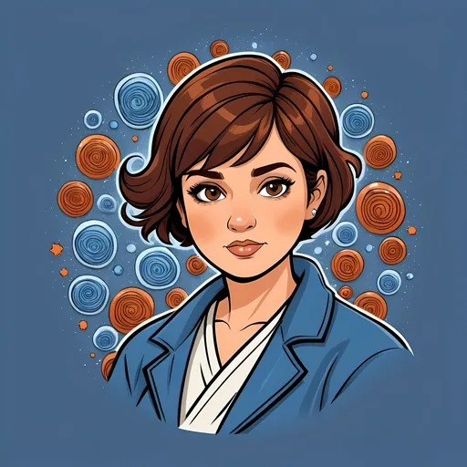 Prompt: Stylized cartoon woman on a T-shirt image, vector flat logo, simple lines, cute cartoon illustration, pixie cut short brown hair, brown eyes, narrow nose, Scottish heritage, round face, wears a blue lab coat with flair, crochets, shiny rocks, mom of 4, medical laboratory science.  Stressed and Half crazy.  Marvel graphic T-shirt beautiful. Plus size.