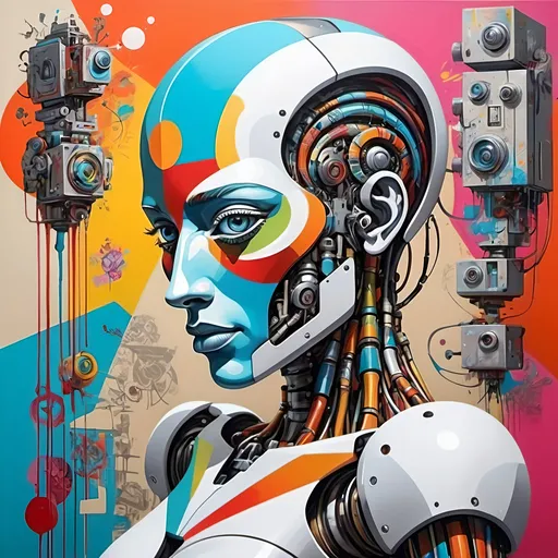 Prompt: Blend ideas from the works of these folks to make a unique brightly colored painting: Pablo Picasso, Dr Seuss, Android Jones, cubo-futurism, tristan eaton, and graffiti art

The painting is robot cyborg human hybrid. Sexyescort confident

Head to toe, full body in a landscape.
Colorful
Serendipity 
Abstract
Surreal
Contradiction
Ironic
Paradox

