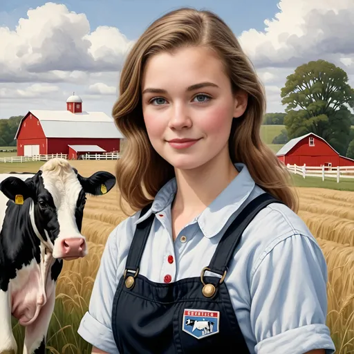 Prompt: Round shaped Dairy Farm Logo. a Polish-American young woman of 17 years old.  She has hazel eyes with light brown hair. She wears bib overalls with a red button down shirt and a white t-shiry. She is with a 1950s redtractor and a black and white Holstein cow with big beautiful eyes. Hay field. a minnesota flag in the background and a farm scene, Bessie Wheeler,  realism, high detail illustration, a character portrait.  Redtractor tractor Holsteincow. HolsteinCow. One cow. Onecow