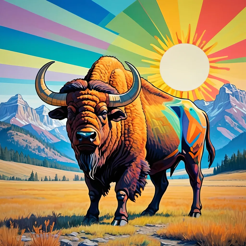 Prompt: a painting of a bisonman (minotaur) with its arms outstretched in a Wyoming prairie with mountains and trees in the background and a sun in the sky, Android Jones, psychedelic art, triadic color scheme, an art deco painting

The bisonman has the head of a bison.  He has the torso and arms of a human.  He has the legs and tail of a bison.  He stands erect like a human.  He has just two legs.  He is reminiscent of a minotaur or a satyr.