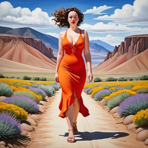 Prompt: Bare scottish Woman beautiful walking in a landscape. Age 42. Super bright and colorful. Head to toe. Thin lips. Narrow nose. Full body image. "Symmetrical face". fusion of the art styles of  Divinci, Georgia O'Keeffe, Venus,
Sandals,  "strikingly beautiful dress." Plus. Full. Healthy. Subtleeroticism, "Utah high desert" tooele. Size. Photorealistic. Love. Desire. Drama. Walking away. Plus. Fullhips
