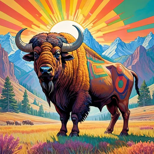 Prompt: a painting of a bisonman (minotaur) with its arms outstretched in a Wyoming prairie with mountains and trees in the background and a sun in the sky, Android Jones, psychedelic art, triadic color scheme, an art deco painting

The bisonman has the head of a bison.  He has the torso and arms of a human.  He has the legs and tail of a bison.  He stands erect like a human.  He has just two legs.  He is reminiscent of a minotaur or a satyr.