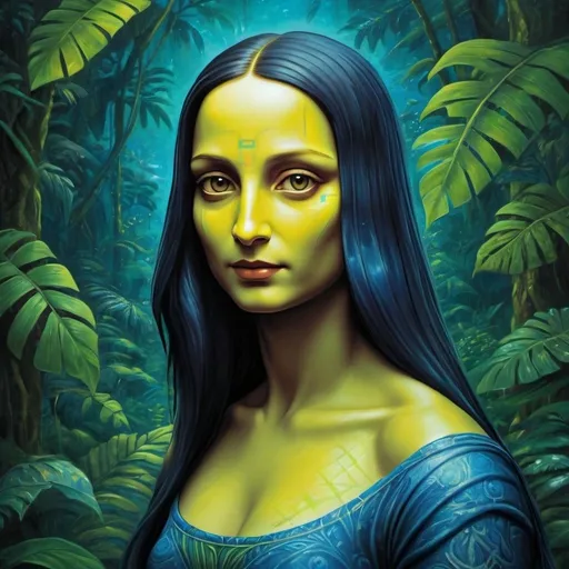 Prompt: Leonardo Davinci's Mona Lisa reimagined as a Na'vi from James Cameron's Avatar, oil painting, lush jungle background, intricate facial markings, 4k ultra-detailed, renaissance, sci-fi, vibrant greens and blues, ethereal lighting, detailed facial features, mysterious and enigmatic expression, Na'vi culture, historical fusion