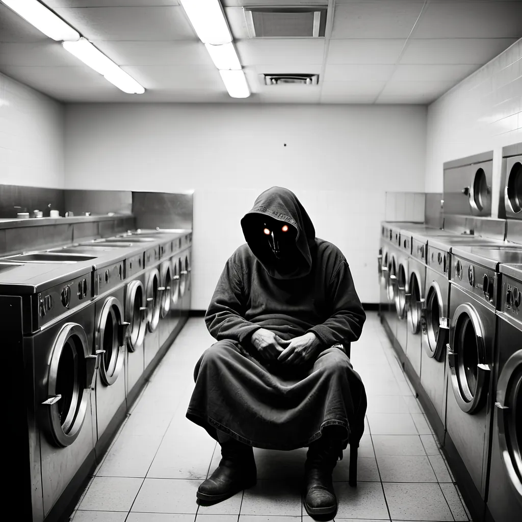 Prompt: Style of Dorothea Lange.
Setting laundromat. Liminal space.
Dark Lord Sauron is sitting in a plastic chair waiting for his laundry.
He wears a cowl over his head and neck. He also wears a loincloth.  He has his detailed black leather medieval boots on. He is otherwise bare and unclothed.  He appears to be somewhat fit but a little pudgy around the gut.   His face is shadowed and dark. Face invisible. Glowing eyes. Embodiment of evil.
