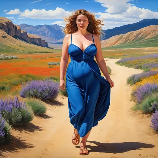 Prompt: Bare scottish Woman beautiful walking in a landscape. Size 18. Age 39. Super bright and colorful. Head to toe. Thin lips. Narrow nose. Full body image. "Symmetrical face". fusion of the art styles of  Peter Paul Rubens, Georgia O'Keeffe, Venus, plump, 
Sandals,  "strikingly beautiful dress." Plus. Full. Healthy. Subtleeroticism, "Utah high desert" tooele. Size. Photorealistic. Love. Desire. Drama. Walking away. Plus. Fullhips.
