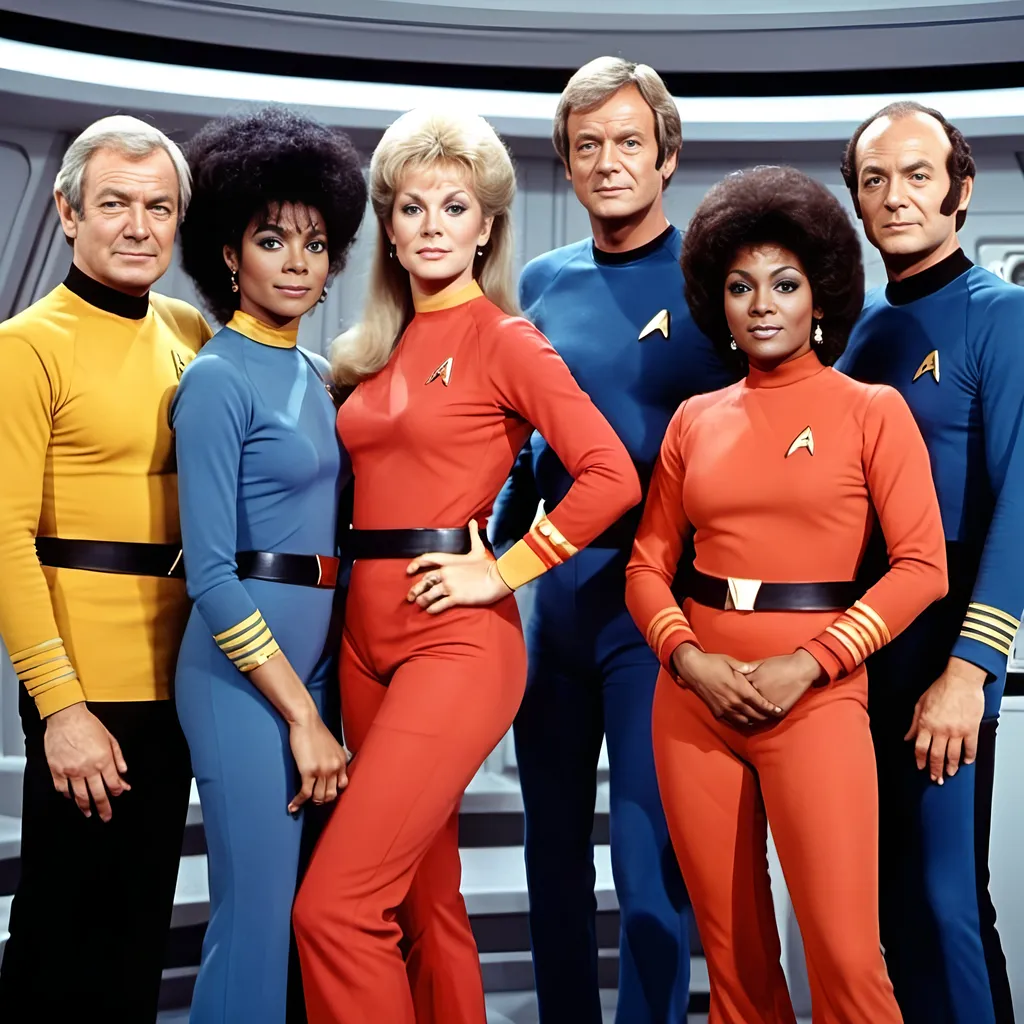 Prompt: Areyoubeingserved characters as the bridgecrew on a startrekstarship sitcom E70sbrittishfashion. Flamboyantgaycharacter.  Olderwoman.  Enthicallydiversecrew. OneBritishgentleman oneblackcrewmanwithnaturalhair oneflamboyanrgayvulcan oneasiancrewoman tightclothesonthewomen oneolderwoman 