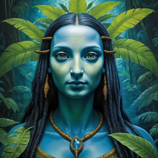 Prompt: Leonardo Davinci's Mona Lisa reimagined as a Na'vi from James Cameron's Avatar, oil painting, lush jungle background, intricate facial markings, 4k ultra-detailed, renaissance, sci-fi, vibrant greens and blues, ethereal lighting, detailed facial features, mysterious and enigmatic expression, Na'vi culture, historical fusion. Blue skin