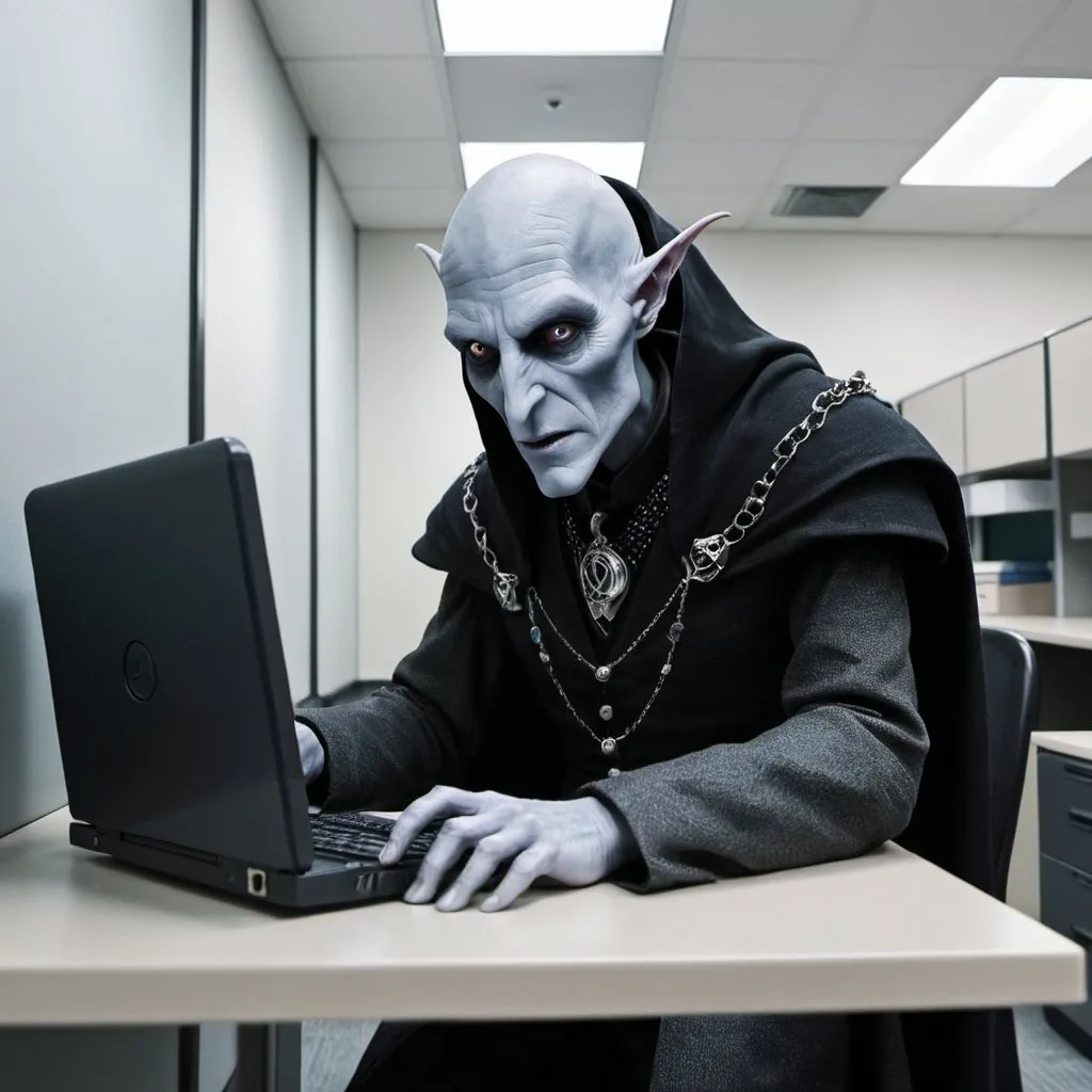 Prompt: VoldemortSauron is checking his email box. Liminal office space. Cubical.  