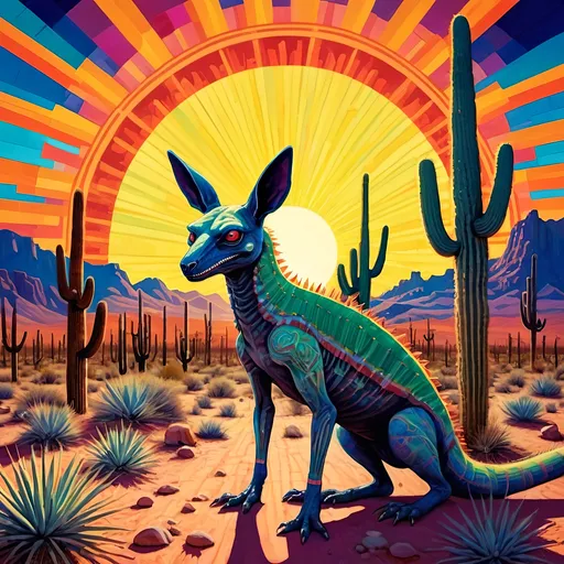 Prompt: a painting of a chupacabra in the southwest desert and saguaros in the background and a sun in the sky, Android Jones, psychedelic art, triadic color scheme, an art deco painting
