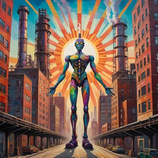 Prompt: a painting of a humanoid with its arms outstretched in an urban center with industrial vibes with skyscrapers and smokestacks in the background and a sun in the sky, Android Jones, psychedelic art, triadic color scheme, an art deco painting