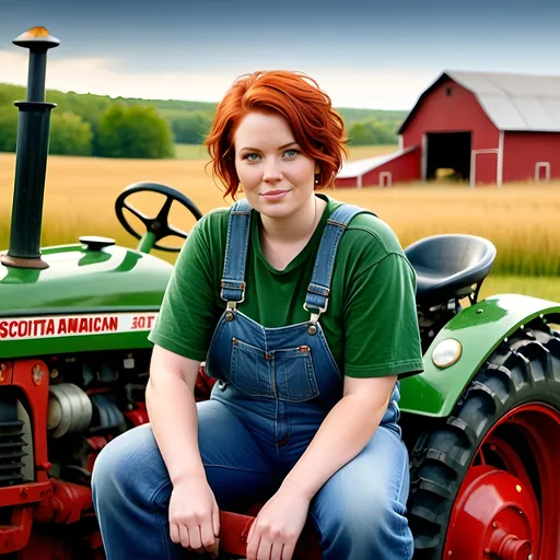 Prompt: Beautiful farm woman in blue denim, overalls, plus size, short red hair, age 30, posing with green tractor, Polish and Scottish American, rural setting, warm natural lighting, photorealistic, detailed features, countryside landscape, high quality, plain red T-shirt, traditional style, warm tones, natural beauty, raw, seated