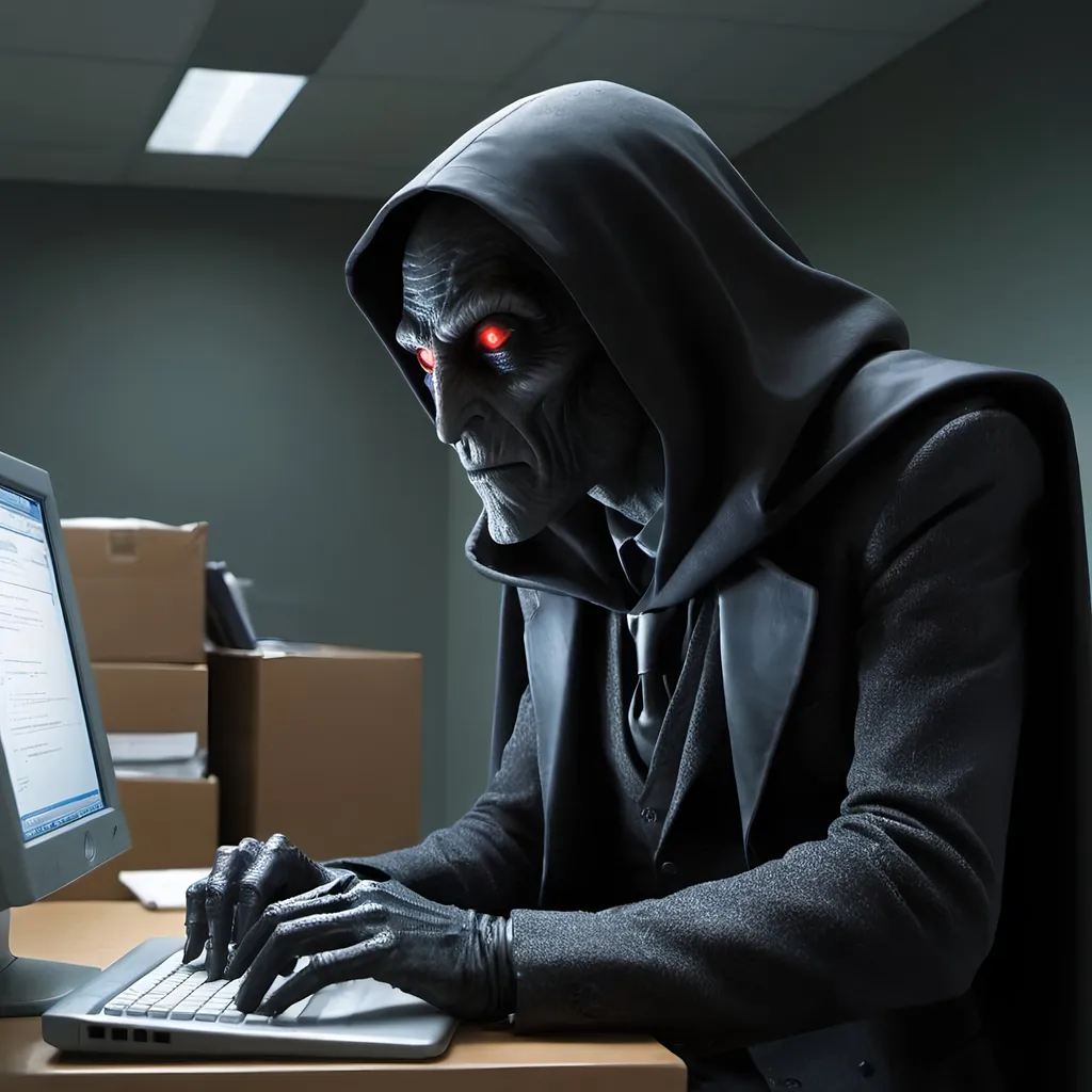 Prompt: VoldemortSauron is checking his email box. Liminal office space. Cubical.  Cowl. Hidden face glowing eyes. 2000s