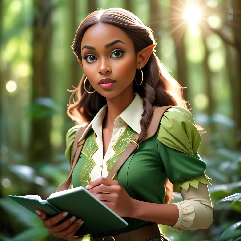 Prompt: Elf ranger in a mystical forest around sunlight a woman in a very beautiful carribean woman in a modern office, answering the telephone wearing a skirt and blouse, walking holding notebooks, masterpiece walking to the camera shoot, low angle shoot, detailed, elegant best quality diffused broad light backlighting bloom light sparkles chromatic aberration smooth sharp focus ((best quality)) ((masterpiece)) ((realistic)) (detailed) (detailed face) dynamic pose (detailed skin) (detailed lips) depth of field sharp focus detailed eyes Realistic photo candid celebrity shots
