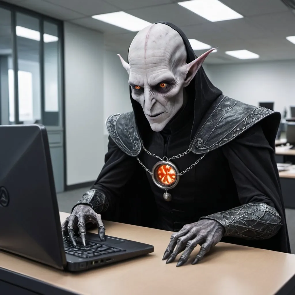 Prompt: VoldemortSauron is checking his email box. Liminal office space.