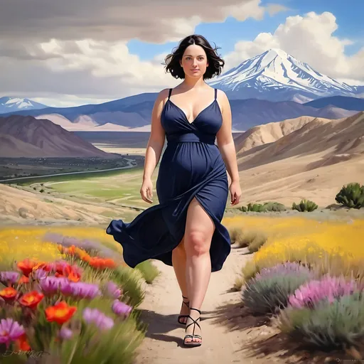 Prompt: Bare scottish Woman beautiful walking in a landscape. Short dark hair. Age 39. Super bright and colorful. Head to toe. Full body image. fusion of the art styles of  Mona Lisa, Georgia O'Keeffe, Venus,
Sandals,  dress. Plus. Fullhips. Healthy. Subtleeroticism, "Utah high desert" tooele. Size. Photorealistic 
