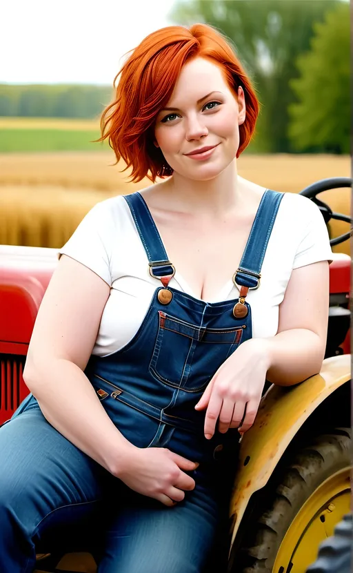 Prompt: Beautiful farm woman in blue denim jeans and unshirted, unbrazierred plus size, short red hair, age 30, I shorted posing with green tractor, Polish and Scottish American, rural setting, warm natural lighting, photorealistic, detailed features, countryside landscape, high quality, traditional style, seated warm tones, natural beauty, raw, unclothed