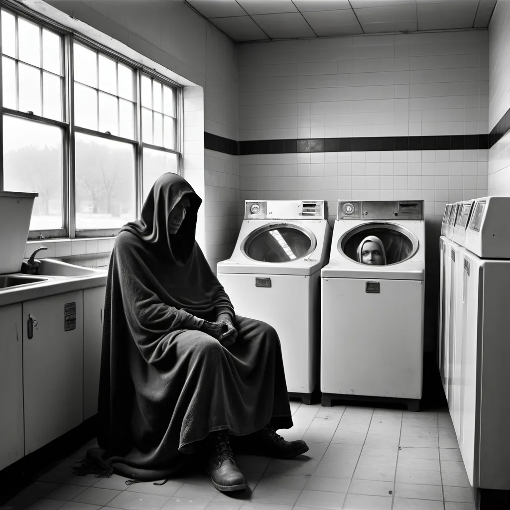 Prompt: Style of Dorothea Lange and Norman Rockwell.
Setting laundromat. Liminal space.
Dark Lord Sauron is sitting in a plastic chair waiting for his laundry.
He wears a cowl over his head and neck. He also wears a loincloth.  He has his detailed black leather medieval boots on. He is otherwise bare and unclothed.  He appears to be somewhat fit but a little pudgy around the gut.   His face is shadowed and dark.