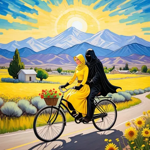 Prompt: A Nazgul on a date with a beautiful 38 year old woman. The woman wears a bright and sunny yellow  knee-length floral skirt. She wears saddle shoes and anklet socks. She has wavy brown hear in pigtails. They ride a tandem bicycle. They are in love. The demonic Nazgul in his black cowl rides in back. The scenic background is located in tooele, Utah, and is painted in the style of Van Gogh. You can see mountains, sage, and juniper in the background. It's the golden hour. Bicycle built for two. "Daisy Bells" mtbt. Interesting Edvard Munch sunny sky but partly cloudy.