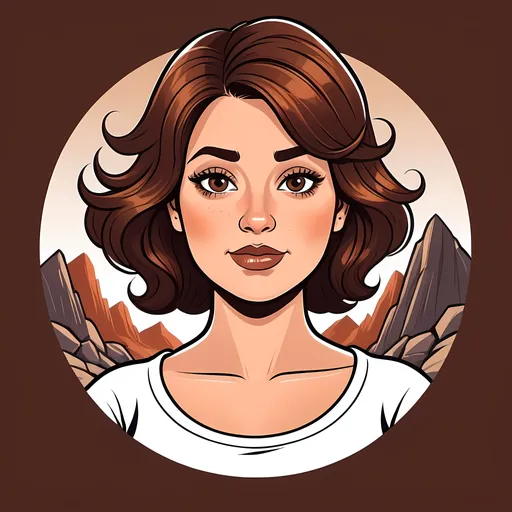 Prompt: Stylized cartoon woman on a T-shirt image, vector flat logo, simple lines, cute cartoon illustration, pixiecut short brown hair, brown eyes, narrow nose, Scottish heritage, round face, shiny rocks, mom of 4, medical laboratory science.  Stressed and Half crazy.  Marvel graphic T-shirt beautiful. Plus size.