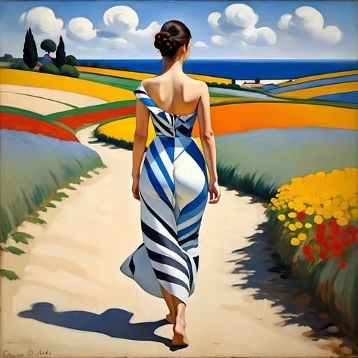 Prompt: Bare Woman walking in a landscape. Swirling geometric and body paint. Super bright and colorful. Head to toe. Full body image. Create a painting by creating a fusion of the art styles of CAROLINE DENERVAUD, Gustave Courbet, , henri matisse, Giorgione, Frida Kahlo, Pier Mondrian, Georgia O'Keeffe, Edouard Manet,  

