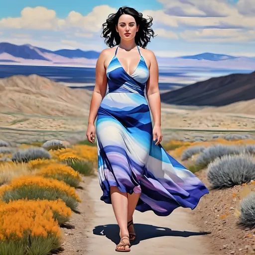 Prompt: Bare scottish Woman beautiful walking in a landscape. Short pixicut dark hair. Age 39. Super bright and colorful. Head to toe. Full body image. fusion of the art styles of Georgia O'Keeffe, Venus,
Sandals,  dress. Plus. Fullhips. Healthy. Subtleeroticism, "Utah high desert" tooele. Size. Photorealistic 
