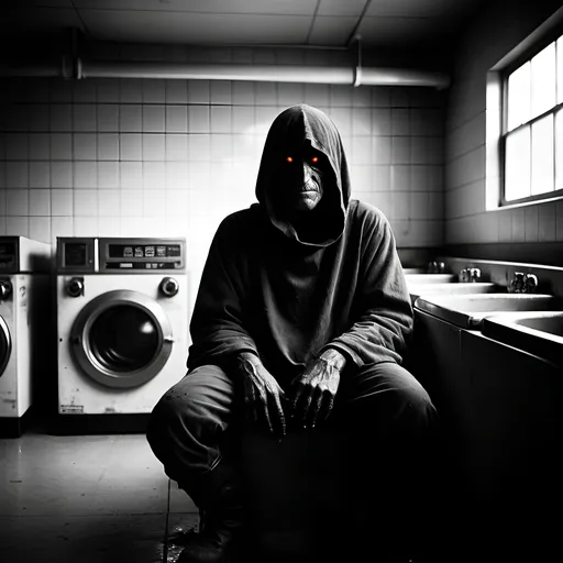 Prompt: Style of Dorothea Lange.
Setting laundromat. Liminal space.
Dark Lord Sauron is sitting in a plastic chair waiting for his laundry.
He wears a cowl over his head and neck. He also wears a loincloth.  He has his detailed black leather medieval boots on. He is otherwise bare and unclothed.  He appears to be somewhat fit but a little pudgy around the gut.   His face is shadowed and dark. Face invisible. Glowing eyes. Embodiment of evil.